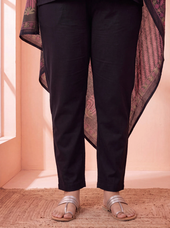 Black Pure Cotton Aline Plus Size Kurta Trouser Dupatta Set