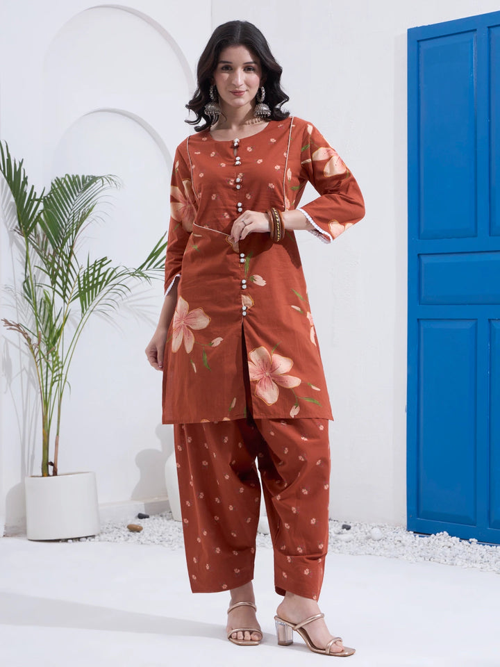 Rust Cotton Kurta Salwar Co-Ord Set