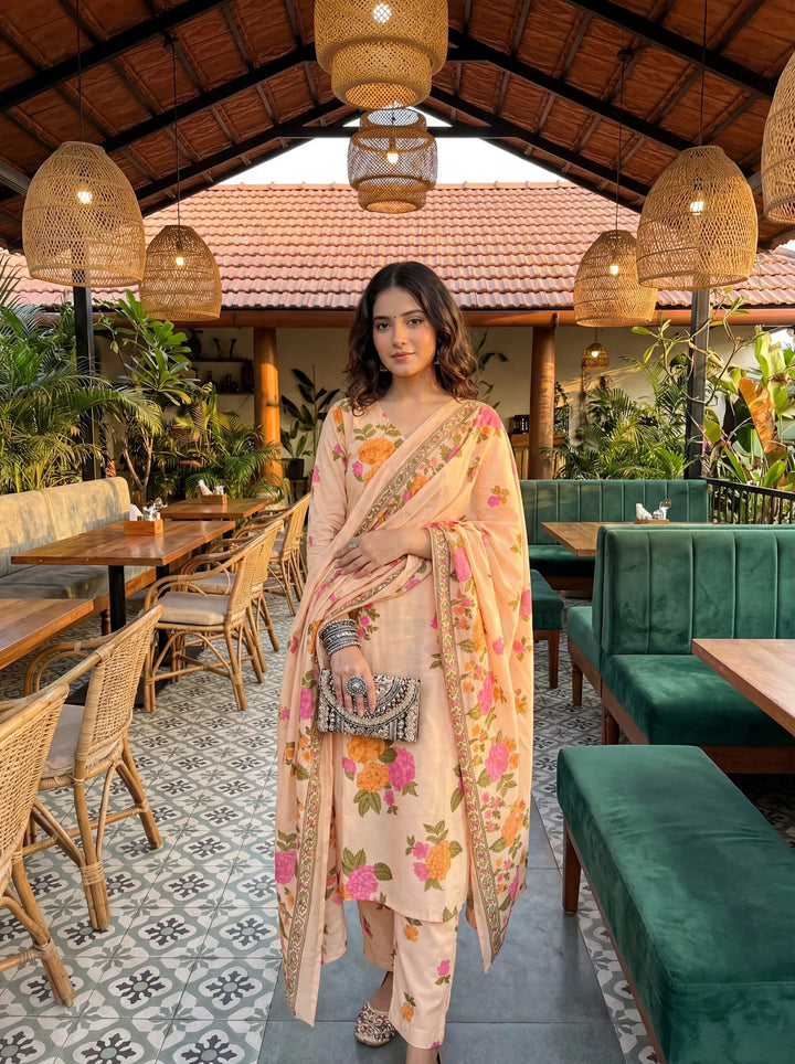 Peach Cotton Straight Kurta Pant Dupatta Set