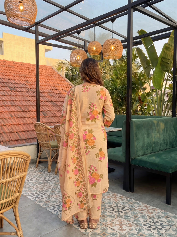 Peach Cotton Straight Kurta Pant Dupatta Set