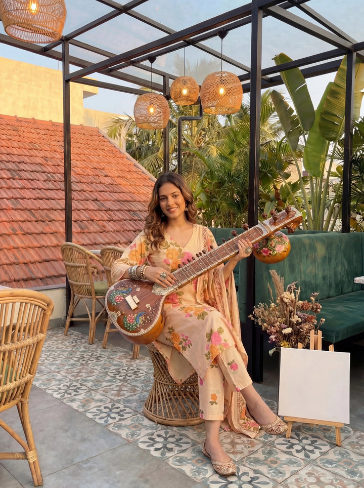 Peach Cotton Straight Kurta Pant Dupatta Set