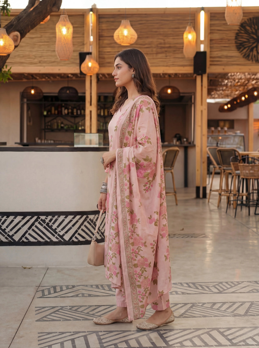 Pink Cotton Straight Kurta Pant Dupatta Set