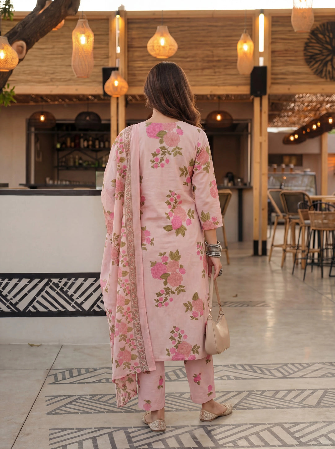 Pink Cotton Straight Kurta Pant Dupatta Set