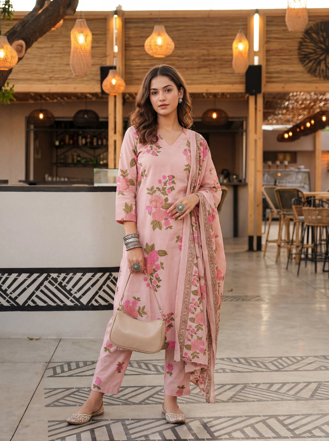 Pink Cotton Straight Kurta Pant Dupatta Set