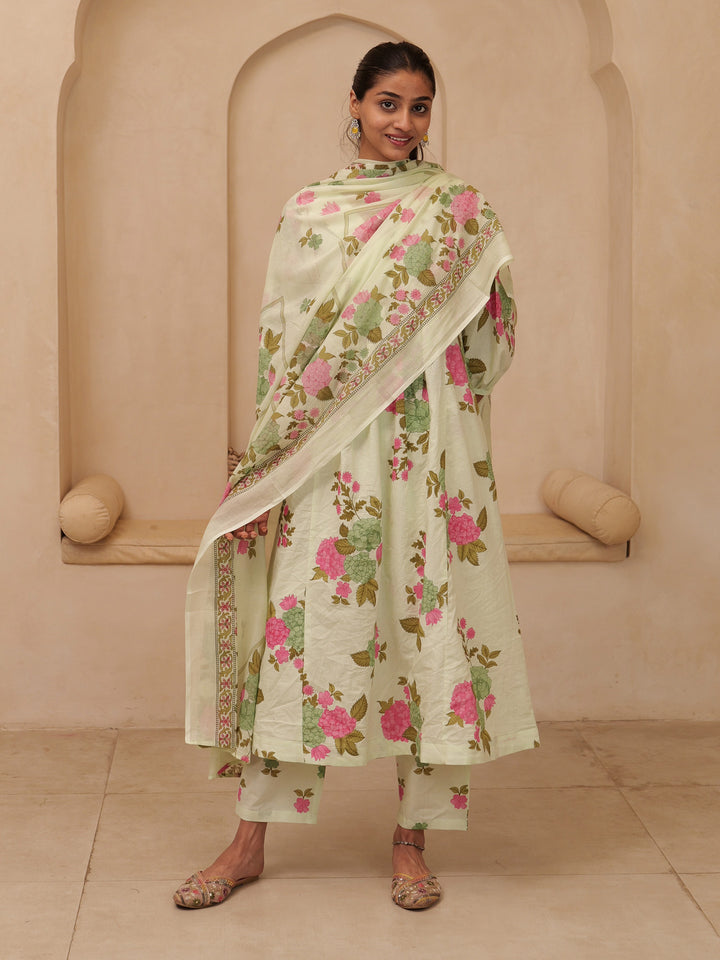 Sea Green Floral Print A-Line Kurta Trouser Dupatta Set