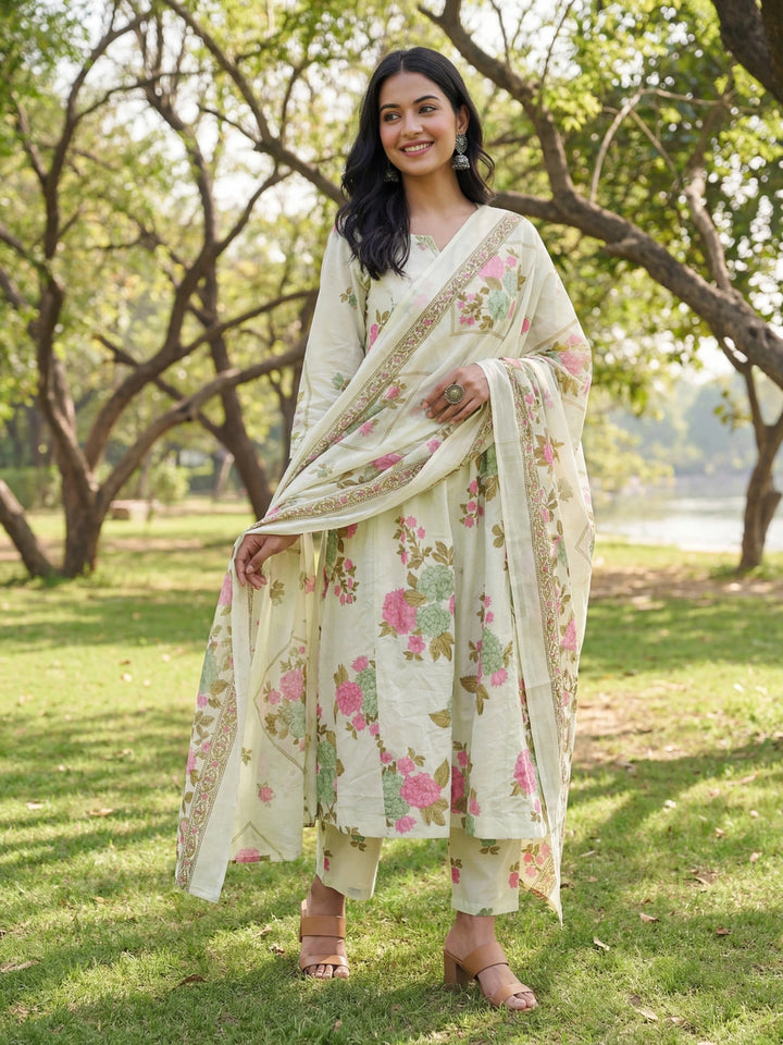 Sea Green Floral Print A-Line Kurta Trouser Dupatta Set