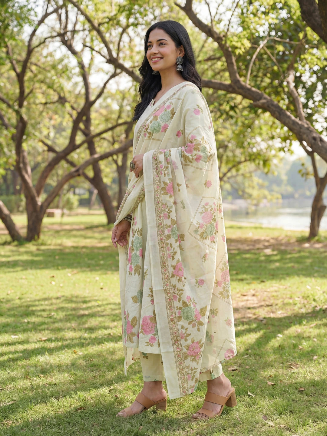 Sea Green Floral Print A-Line Kurta Trouser Dupatta Set