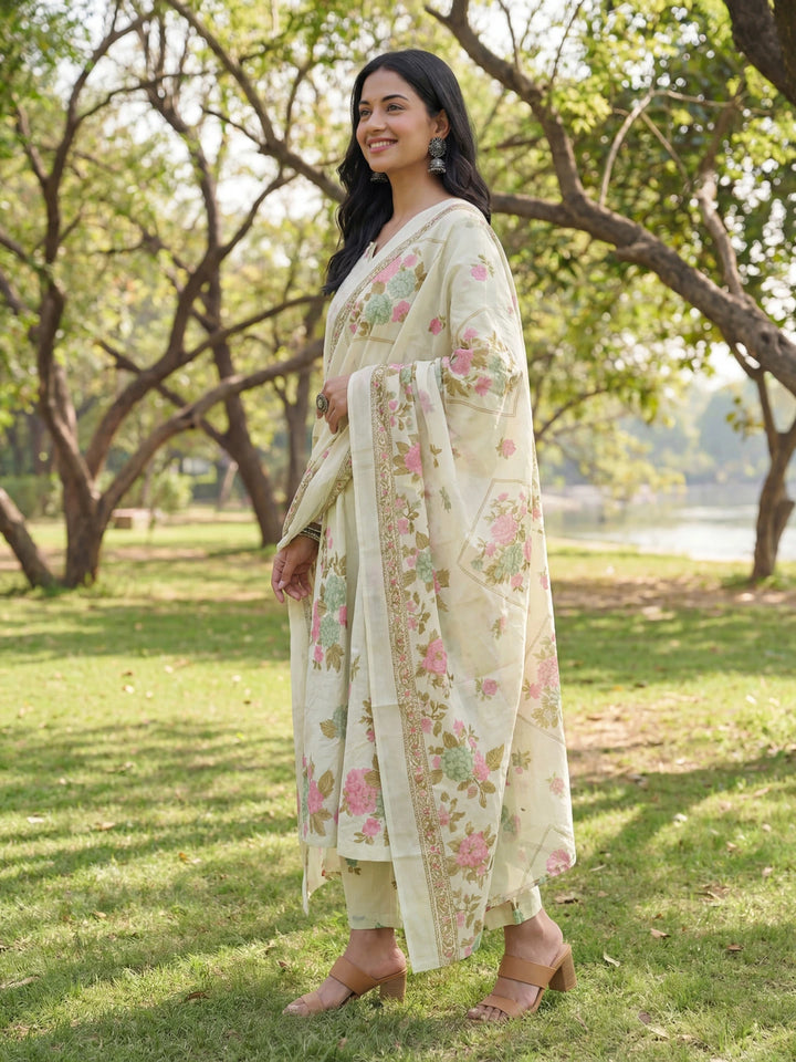 Sea Green Floral Print A-Line Kurta Trouser Dupatta Set