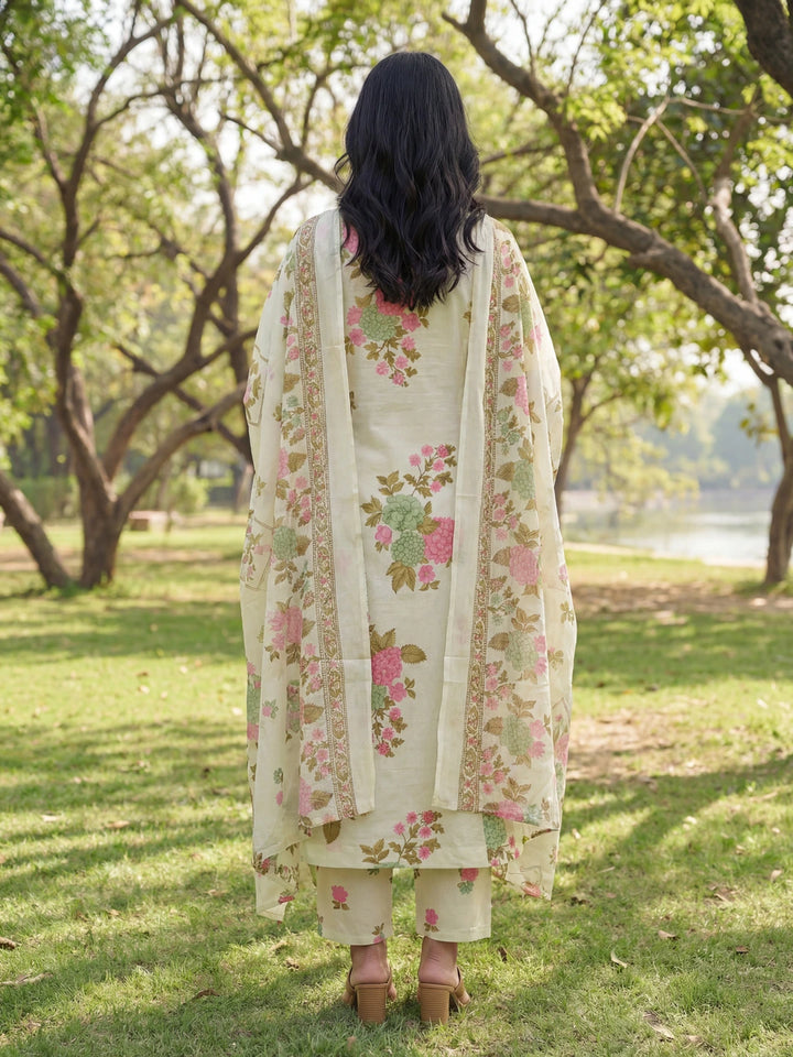 Sea Green Floral Print A-Line Kurta Trouser Dupatta Set