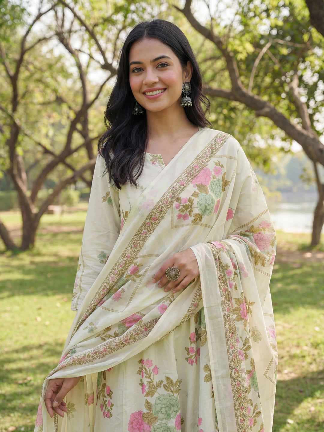 Sea Green Floral Print A-Line Kurta Trouser Dupatta Set