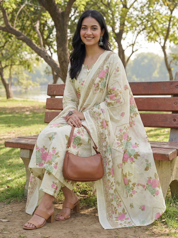 Sea Green Floral Print A-Line Kurta Trouser Dupatta Set