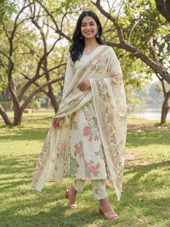 Sea Green Floral Print A-Line Kurta Trouser Dupatta Set