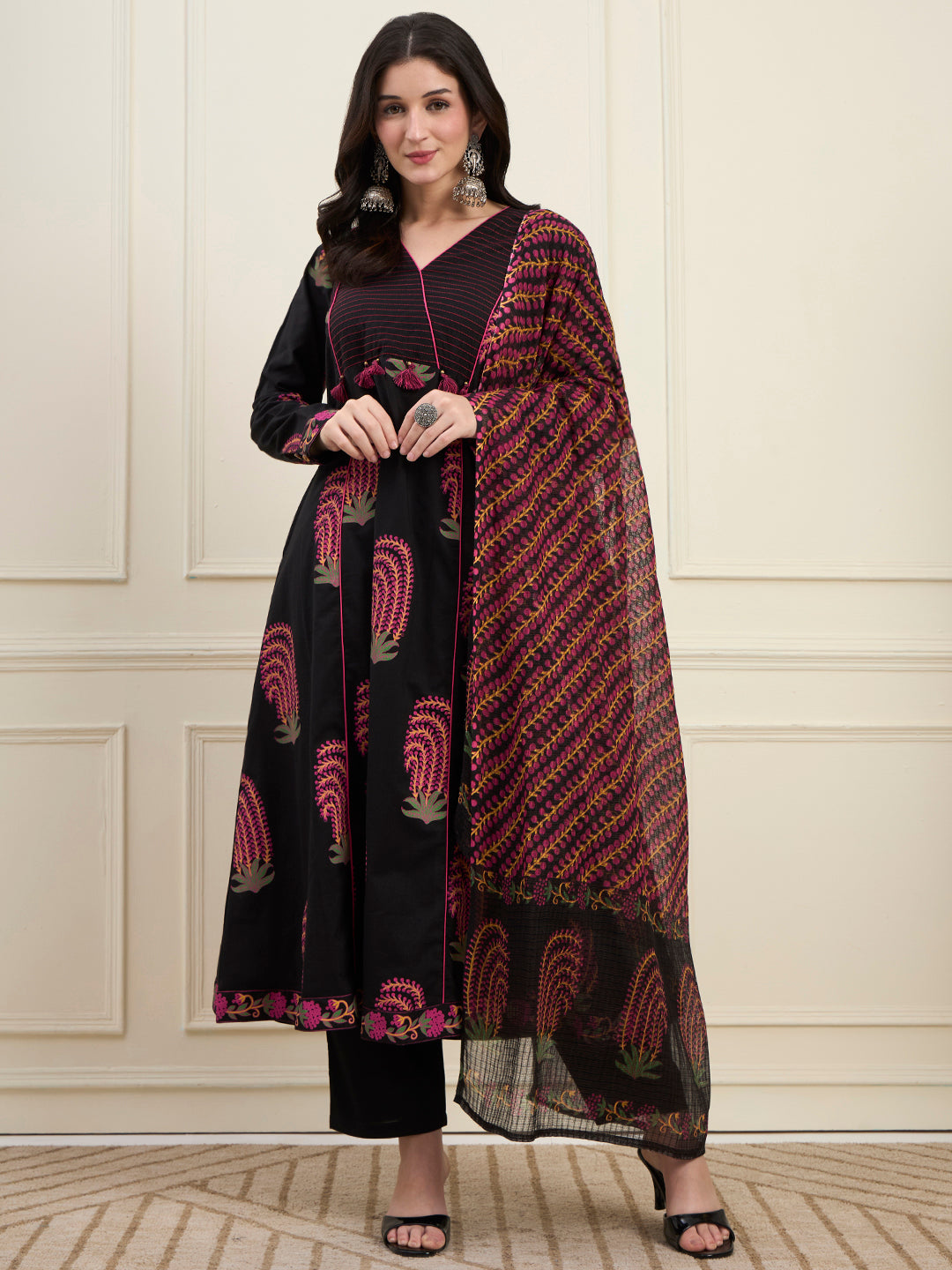 Black Cotton Flare Kantha Work Kurta Pant Dupatta Set