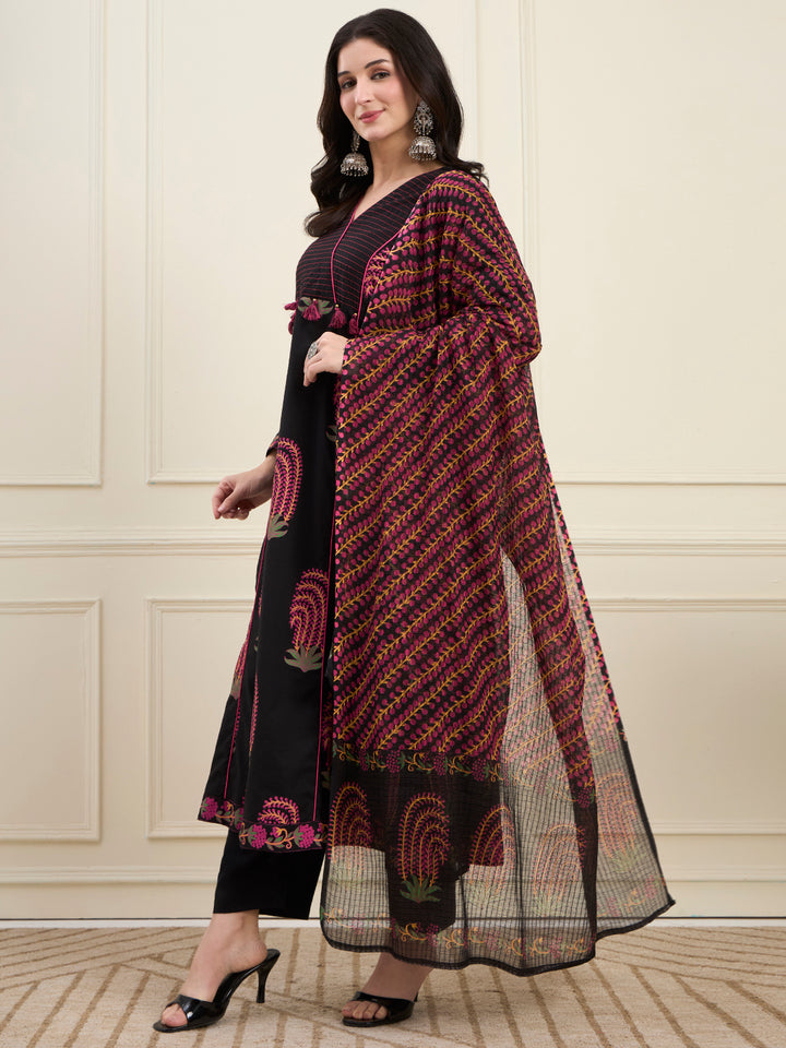 Black Cotton Flare Kantha Work Kurta Pant Dupatta Set