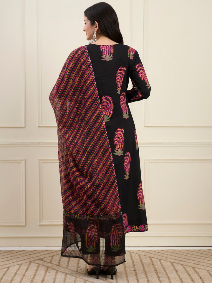 Black Cotton Flare Kantha Work Kurta Pant Dupatta Set