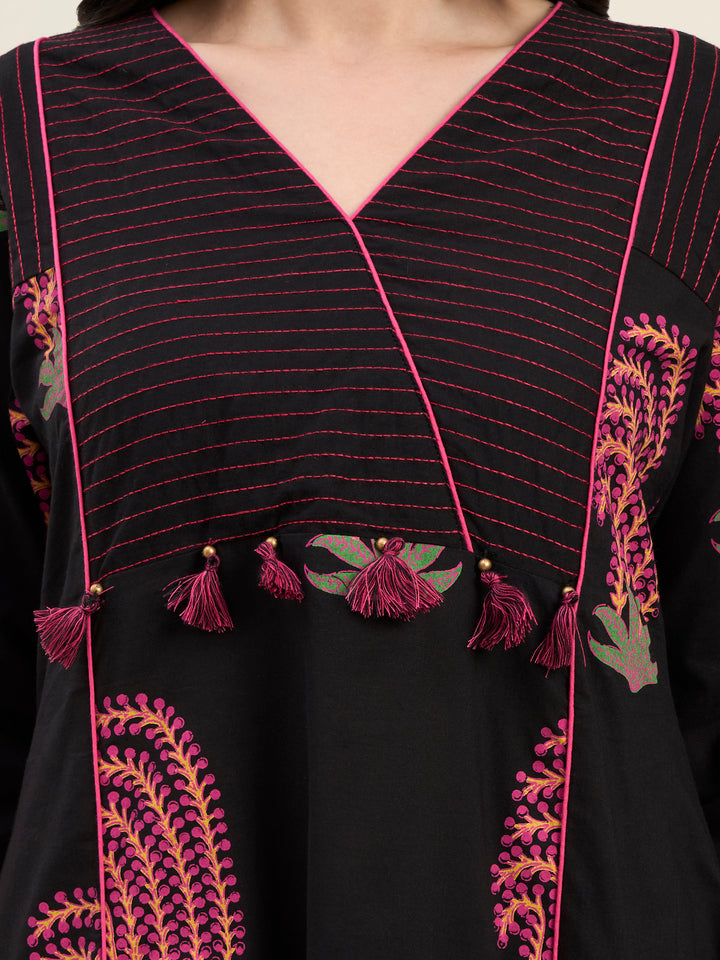 Black Cotton Flare Kantha Work Kurta Pant Dupatta Set