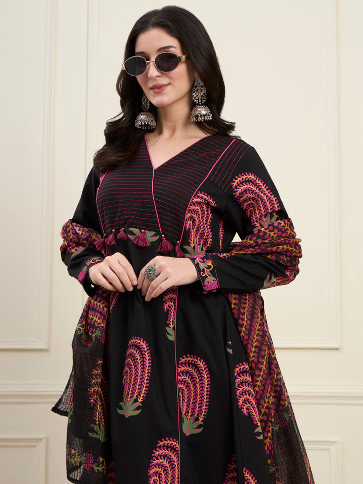Black Cotton Flare Kantha Work Kurta Pant Dupatta Set