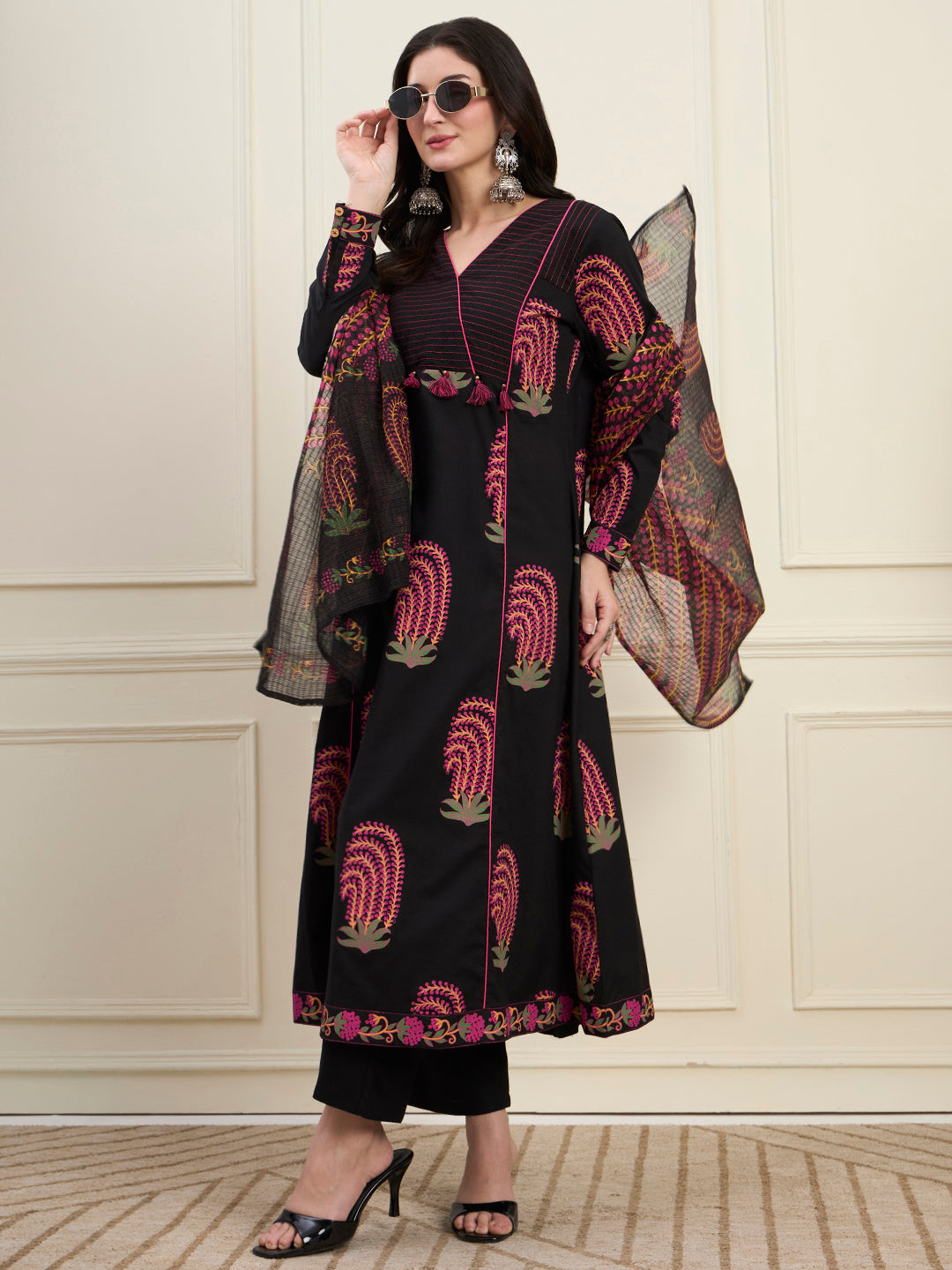 Black Cotton Flare Kantha Work Kurta Pant Dupatta Set