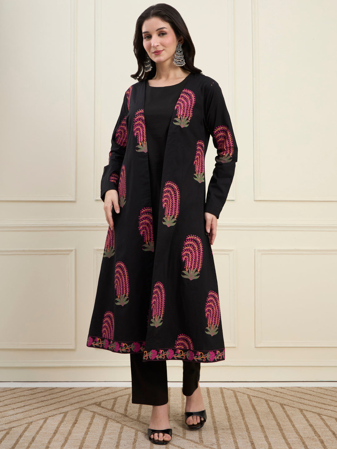 Black Cotton Jacket Kurta Pant Co-Ord Set