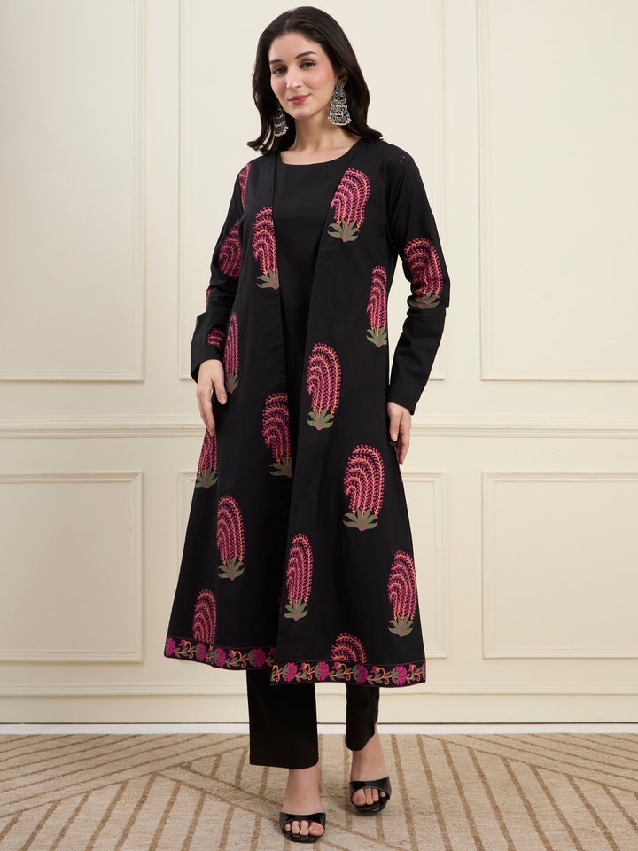 Black Cotton Jacket Kurta Pant Co-Ord Set