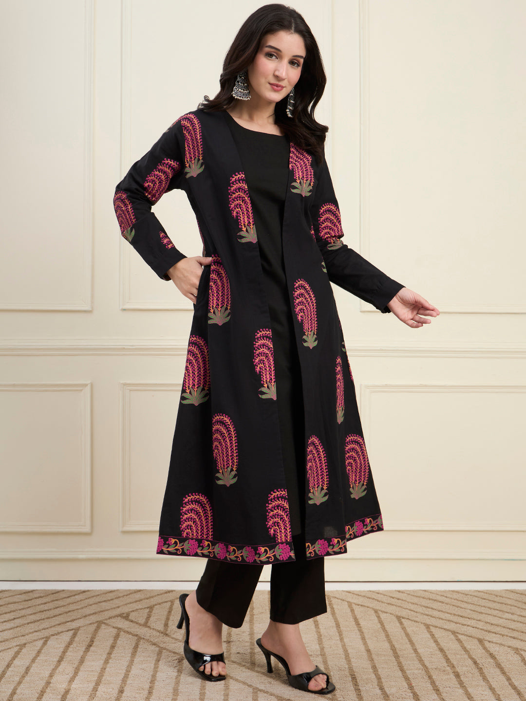Black Cotton Jacket Kurta Pant Co-Ord Set