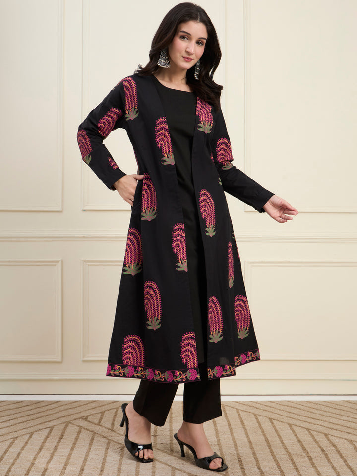 Black Cotton Jacket Kurta Pant Co-Ord Set