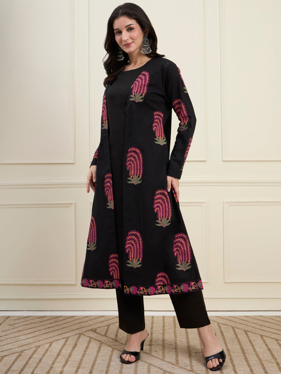 Black Cotton Jacket Kurta Pant Co-Ord Set