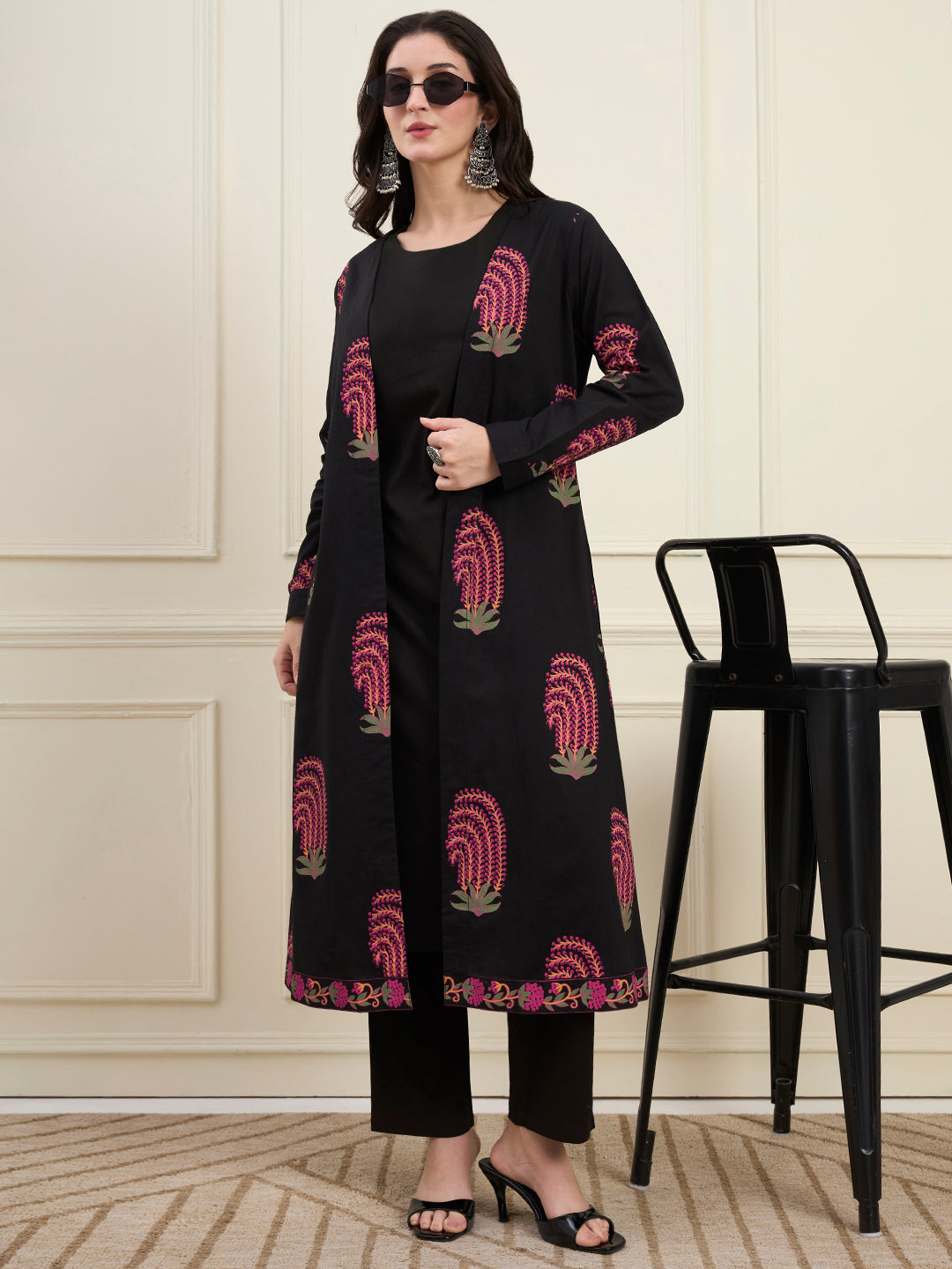 Black Cotton Jacket Kurta Pant Co-Ord Set