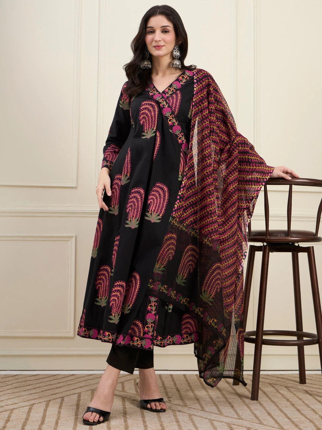 Black Cotton Angrkha Style Kurta Pant Dupatta Set