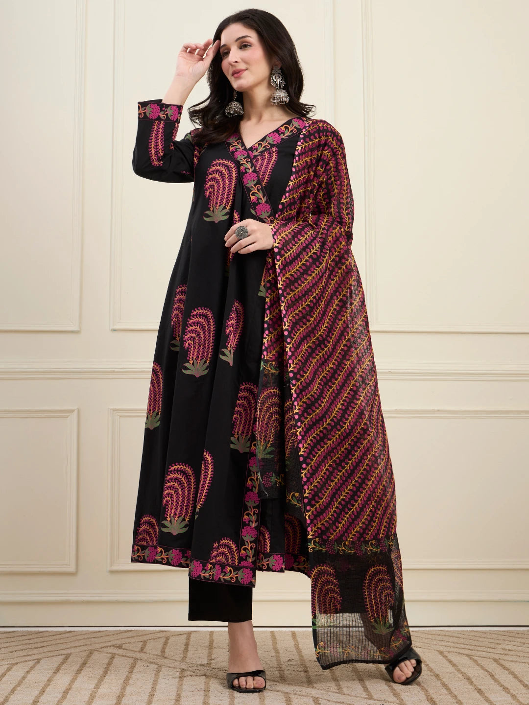 Black Cotton Angrkha Style Kurta Pant Dupatta Set