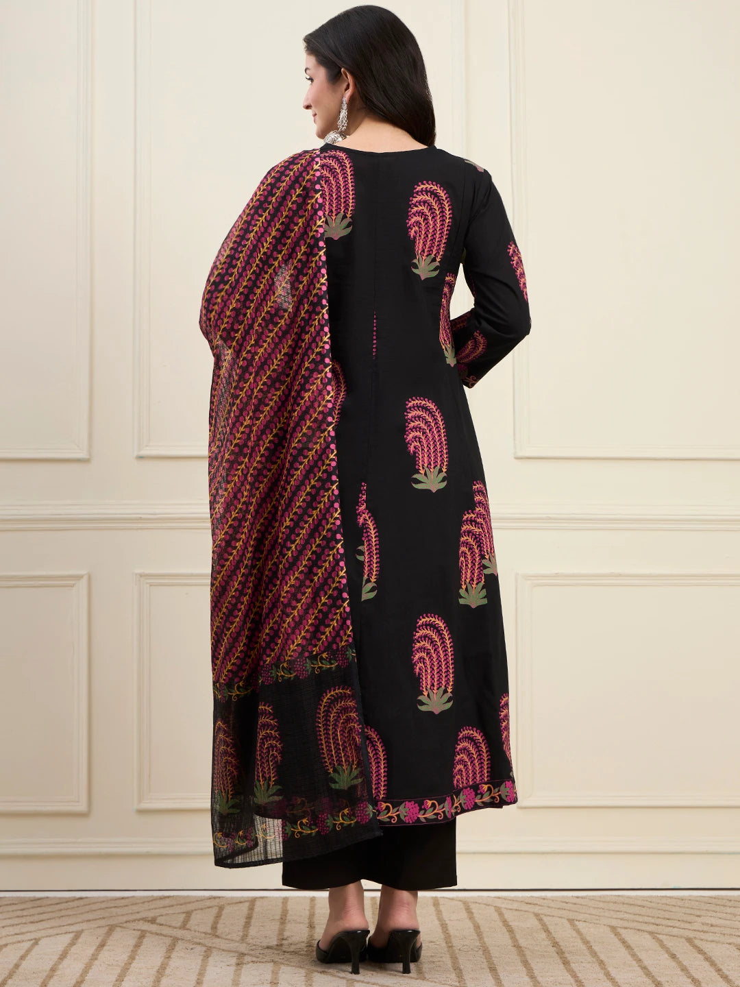 Black Cotton Angrkha Style Kurta Pant Dupatta Set