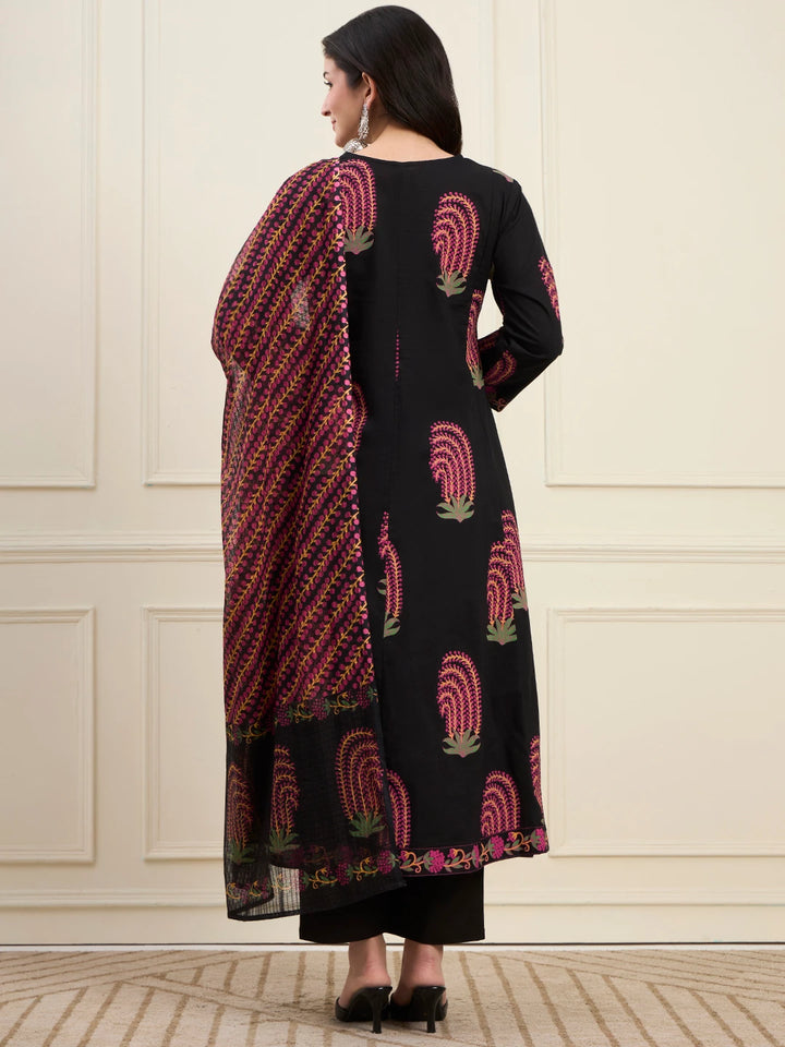 Black Cotton Angrkha Style Kurta Pant Dupatta Set