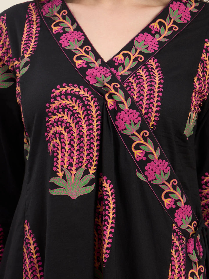 Black Cotton Angrkha Style Kurta Pant Dupatta Set