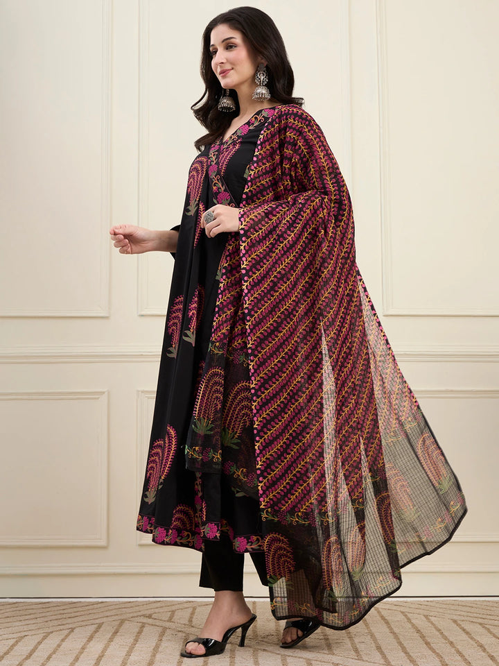 Black Cotton Angrkha Style Kurta Pant Dupatta Set