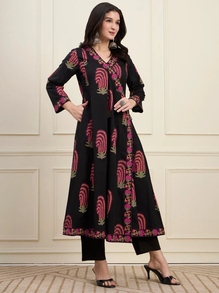Black Cotton Angrkha Style Kurta Pant Dupatta Set