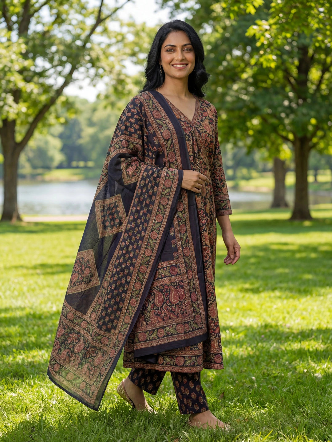 Blue Floral Print A-Line Angrakha Kurta Trouser Dupatta Set