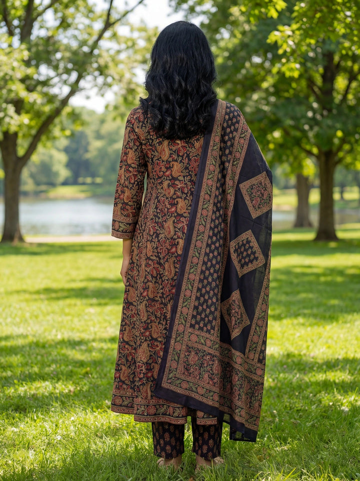 Blue Floral Print A-Line Angrakha Kurta Trouser Dupatta Set