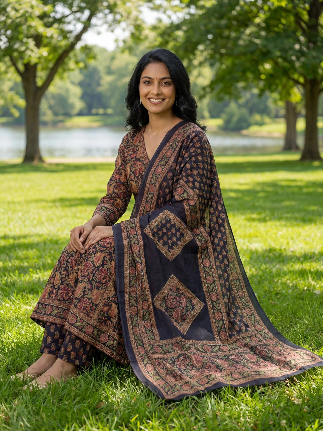 Blue Floral Print A-Line Angrakha Kurta Trouser Dupatta Set