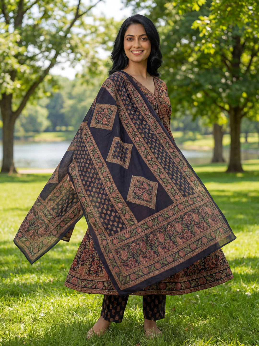 Blue Floral Print A-Line Angrakha Kurta Trouser Dupatta Set