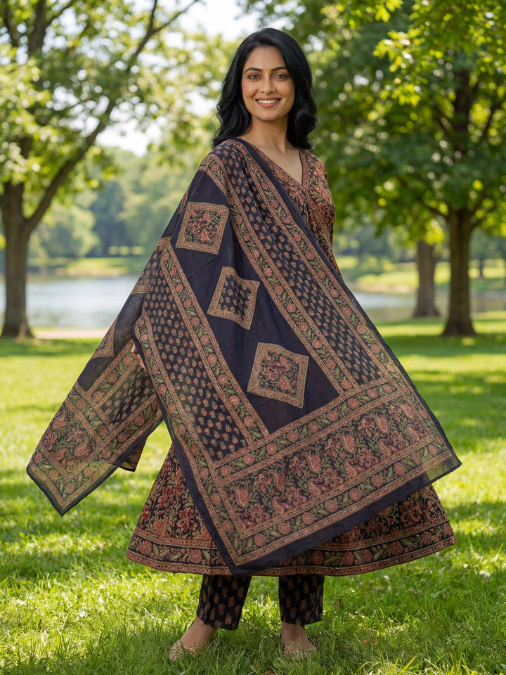 Blue Floral Print A-Line Angrakha Kurta Trouser Dupatta Set