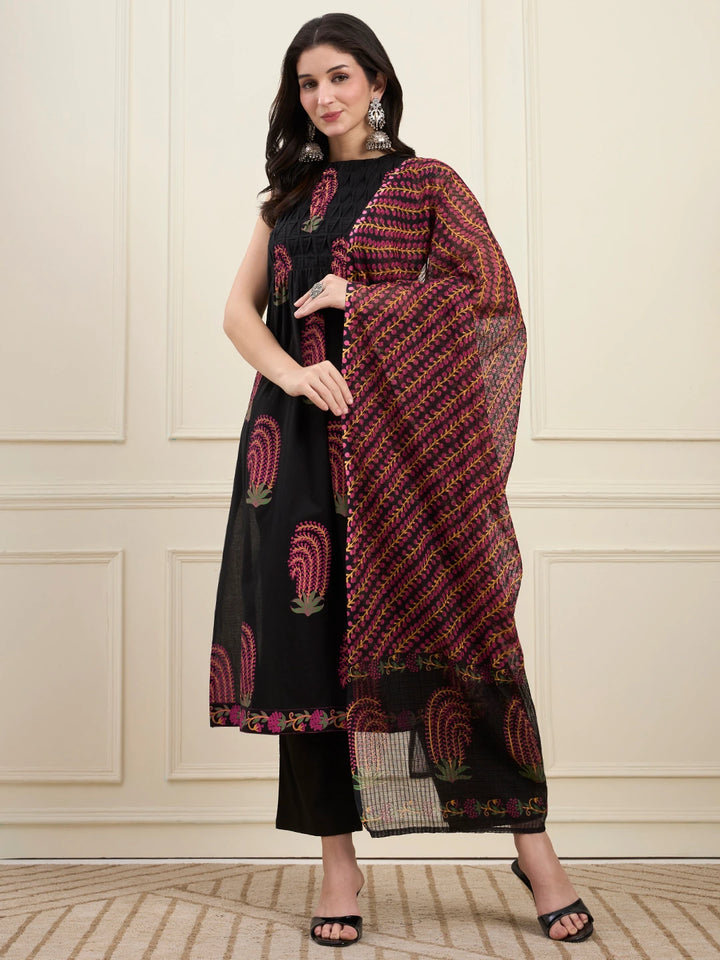 Black Cotton Pintuck A Line Style Kurta Pant Dupatta Set