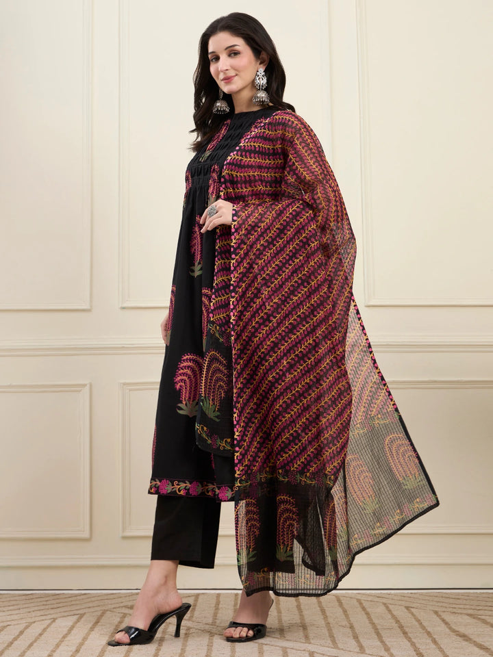 Black Cotton Pintuck A Line Style Kurta Pant Dupatta Set