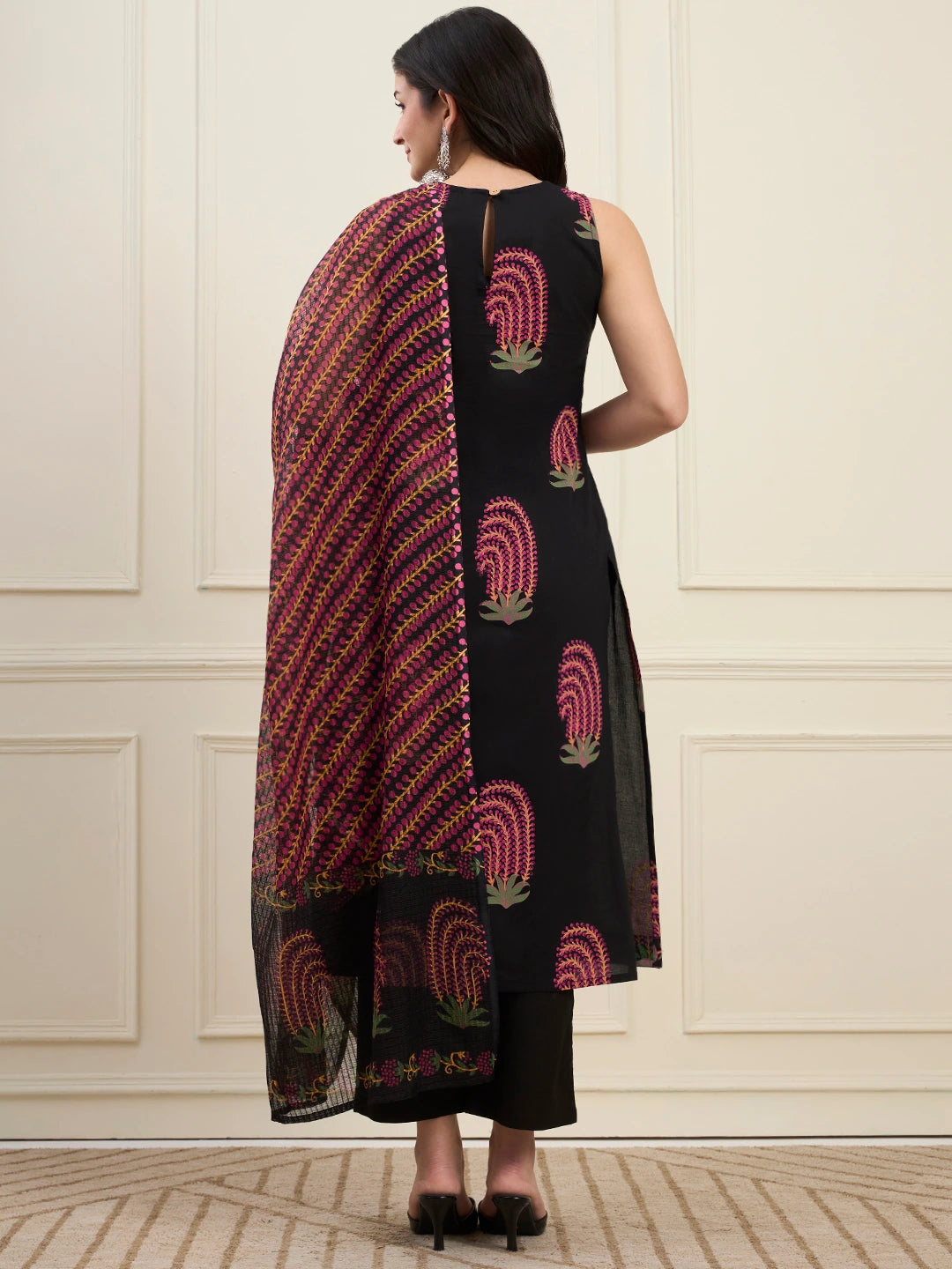 Black Cotton Pintuck A Line Style Kurta Pant Dupatta Set