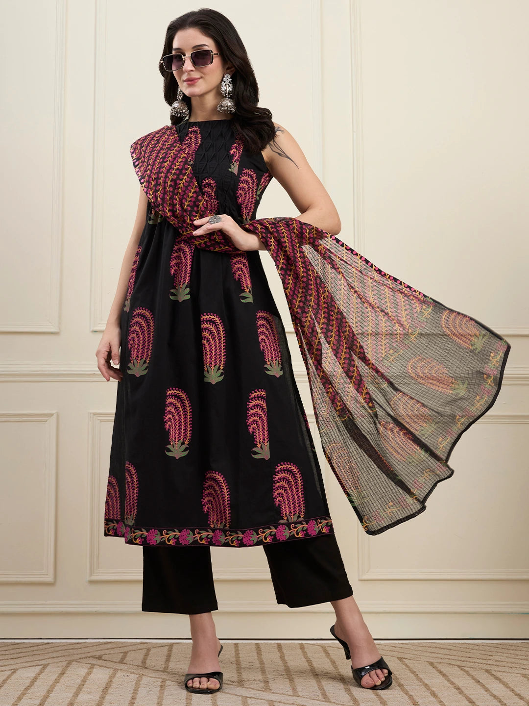 Black Cotton Pintuck A Line Style Kurta Pant Dupatta Set