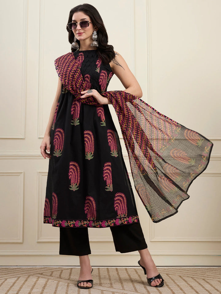 Black Cotton Pintuck A Line Style Kurta Pant Dupatta Set