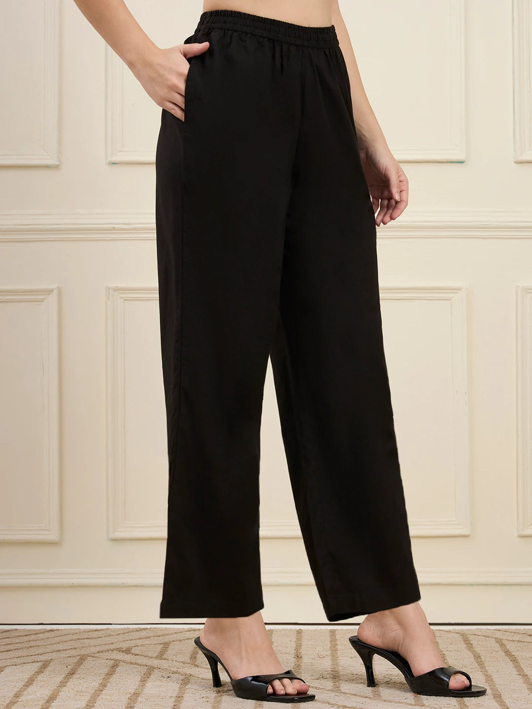 Black Cotton Pintuck A Line Style Kurta Pant Dupatta Set