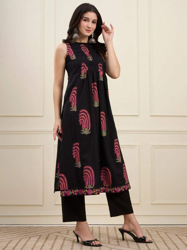 Black Cotton Pintuck A Line Style Kurta Pant Dupatta Set