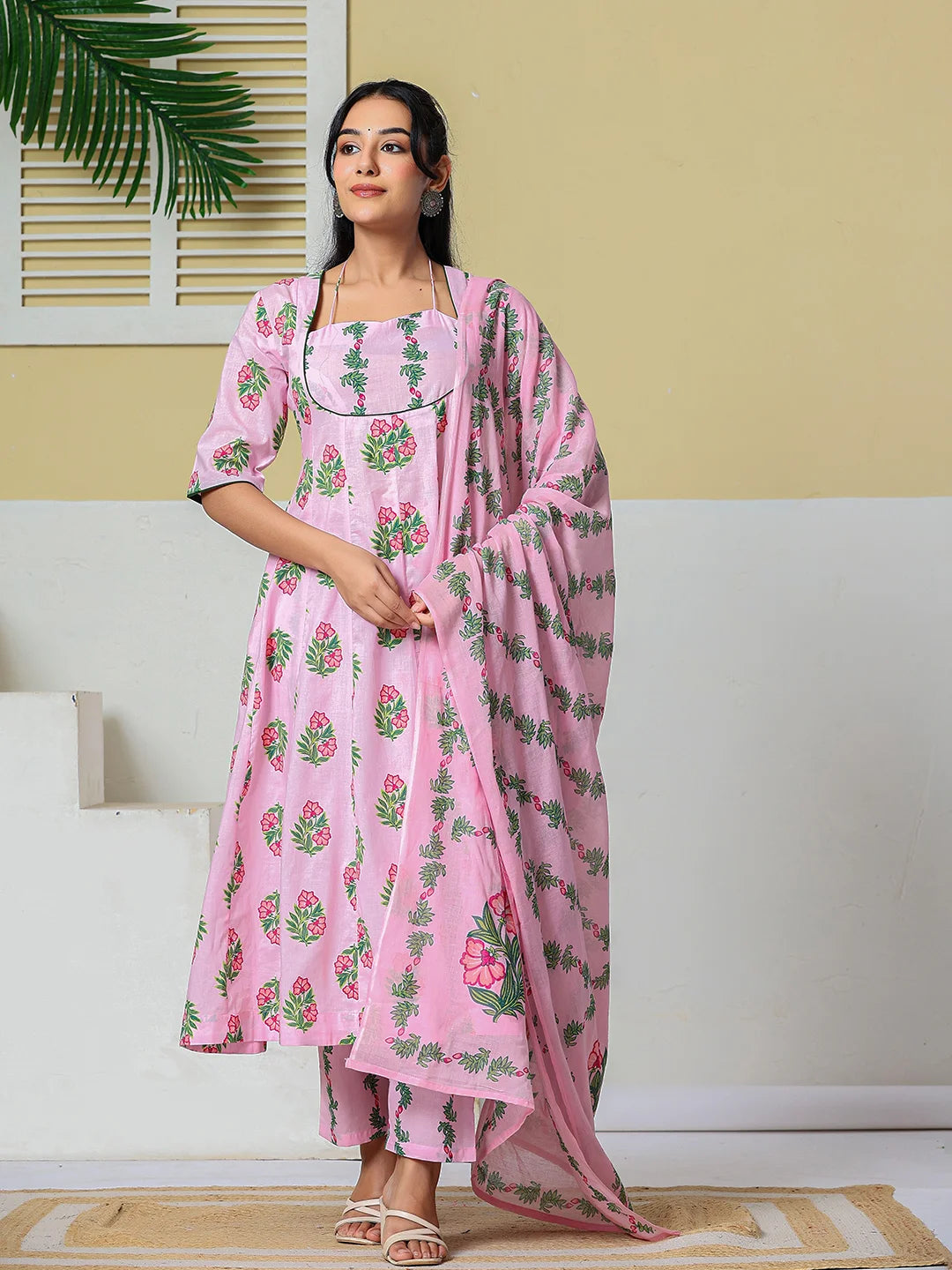Pink Cotton Kalidaar Style Kurta Pant Dupatta Set