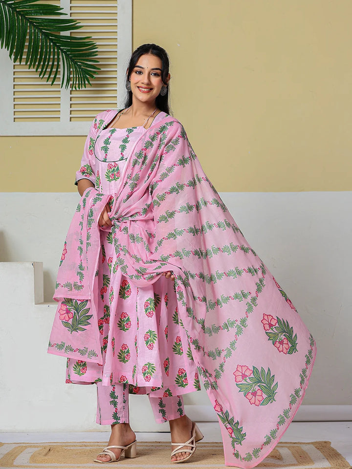Pink Cotton Kalidaar Style Kurta Pant Dupatta Set