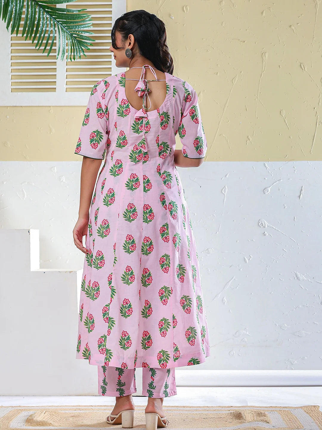 Pink Cotton Kalidaar Style Kurta Pant Dupatta Set